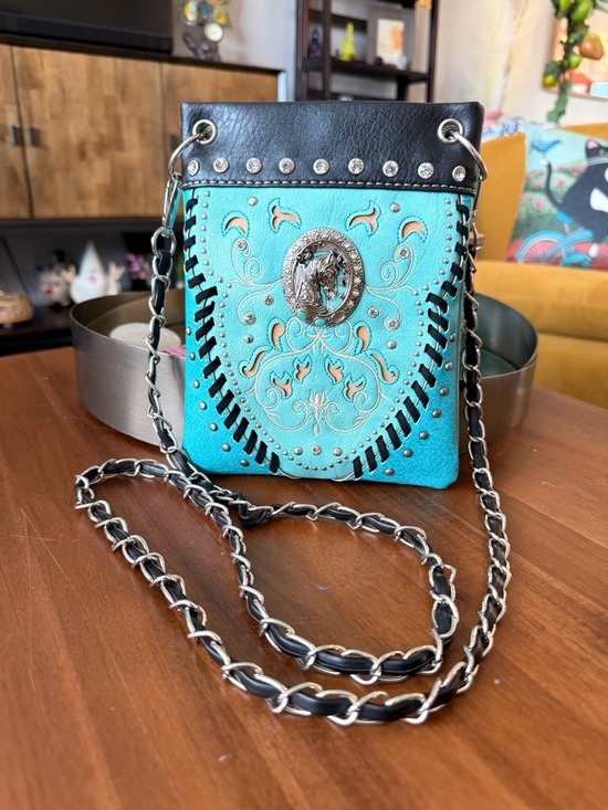 Handbags - Turquoise Embellished Western Crossbody Bag - Unbranded
